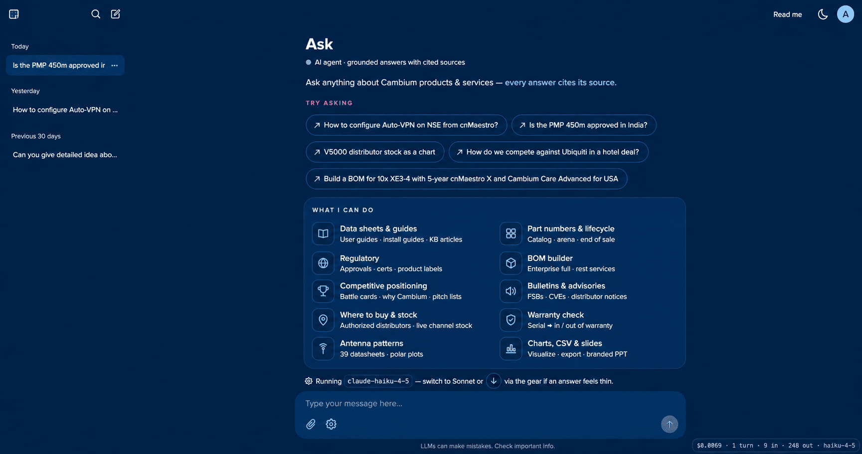 Ask interface in dark mode with the Agents panel open